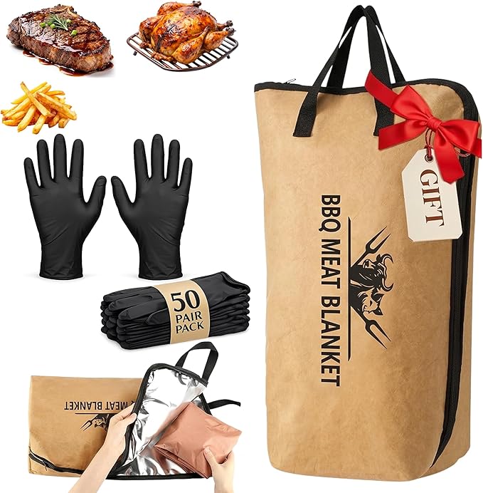 21” BBQ Meat Blanket Set with 50 Nitrile Gloves, Insulated Brisket Resting Bag with Wide Mouth for Pork Shoulder & Turkey, Large Meat Warmer, Smoker Accessories, Grill Gifts for Men Dad Husband