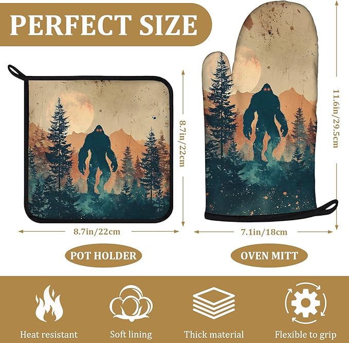 Vintage Bigfoot Forest Oven Mitts and Pot Holders Sets 4Pcs Mountain Silicone Kitchen Gloves Heat Resistant Potholders for Baking Cooking Grilling BBQ