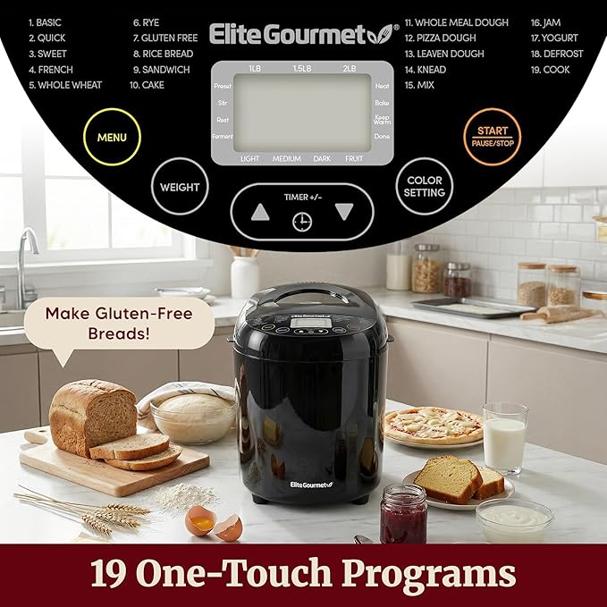 Elite Gourmet Programmable Bread Maker, 2 lb Loaf, 3 Sizes, 19 Presets incl. Gluten-Free, Dough & Jam, Delay Timer, Black