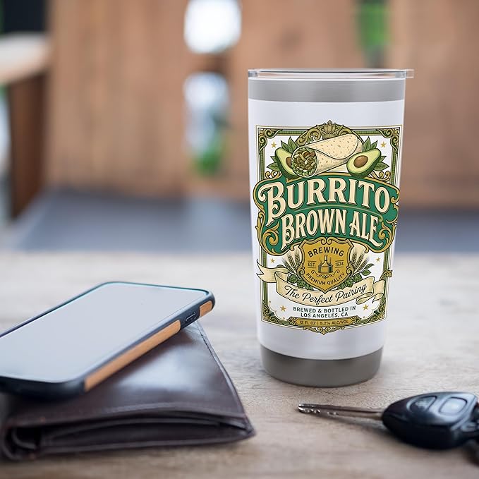 Burrito Brown Ale Mexican Food Retro Funny Beer Label Stainless Steel Insulated Tumbler