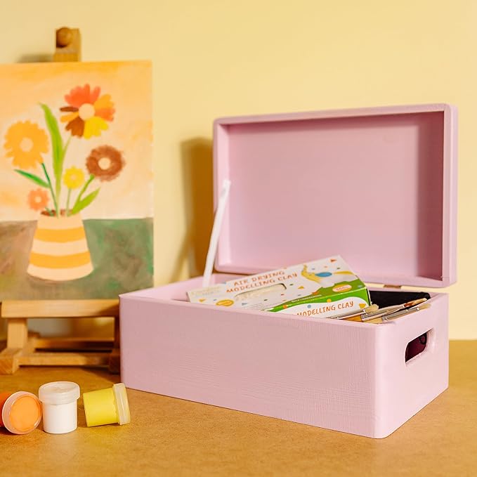 Creative Deco Large Pink Wooden Box Storage with Hinged Lid | 11.8x7.87x5.51in (+-0.5) | Keepsake with Handles | Gift Box for Tool Dog Toy Shoes Kitchen Storage | Wood Keepsake Chest Trunk