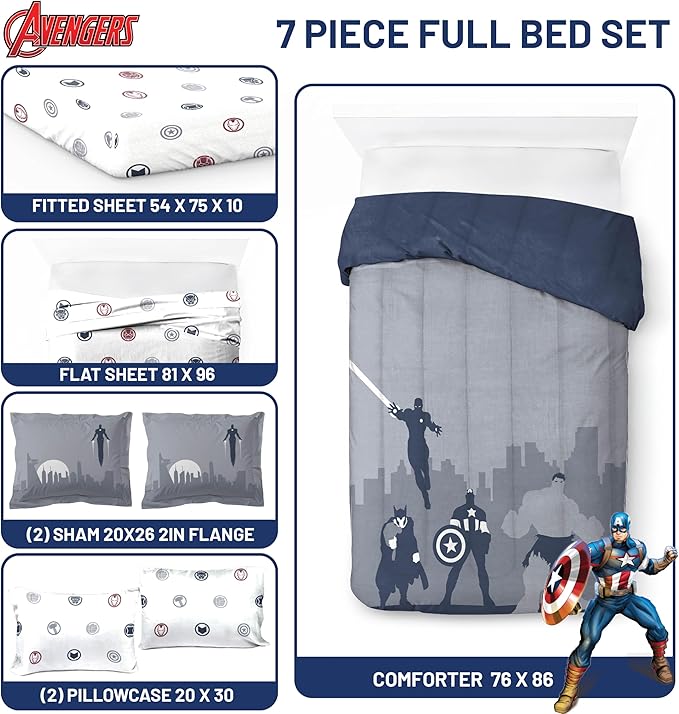 Jay Franco Marvel Avengers Full Size Comforter Set - 7 Piece Bedding Includes Sheet Set & Pillow Covers - Super Soft Cozy Bedding with Captain America, Hulk, Iron Man and Thor