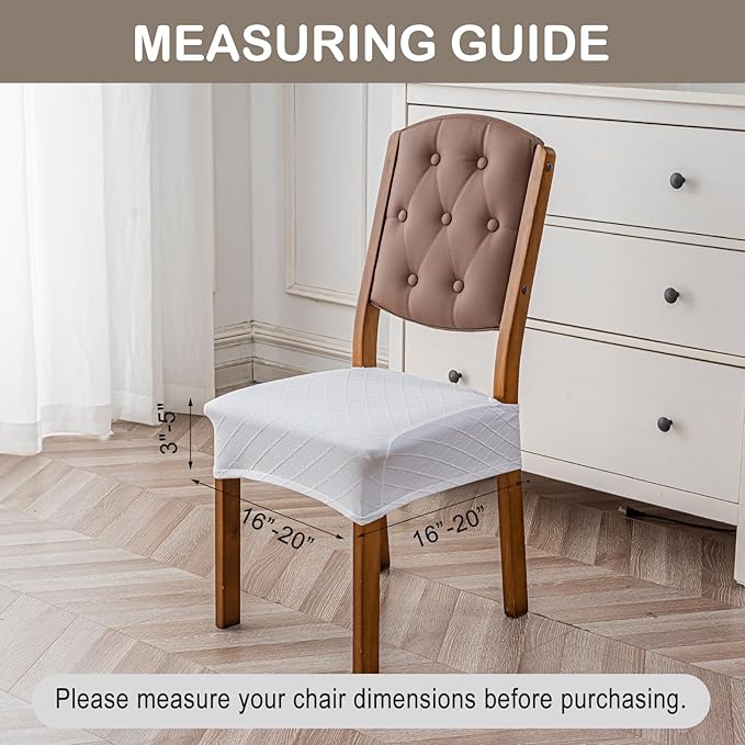 Genina Waterproof Seat Covers for Chairs,Set of 4 Dining Room Chair Seat Covers for Kitchen,Stretch Jacquard Removable Washable Dining Chair Slipcovers Protectors,No Rear Covers, White