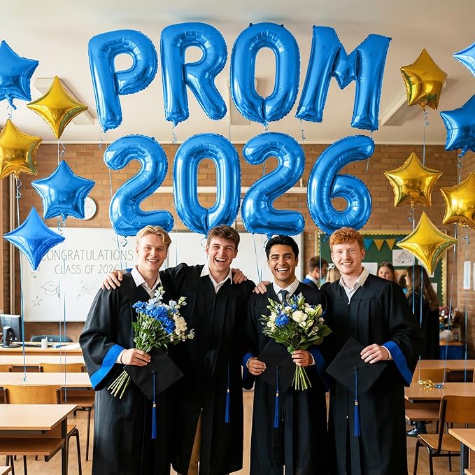 Prom 2026 Balloons Banner, 16 inch Blue Letter Balloons Prom 2026 Sign Decoration with Blue Gold Star Balloon for Class of 2026 Congrats Grad Party Birthday Retirement Graduation Party Supplies