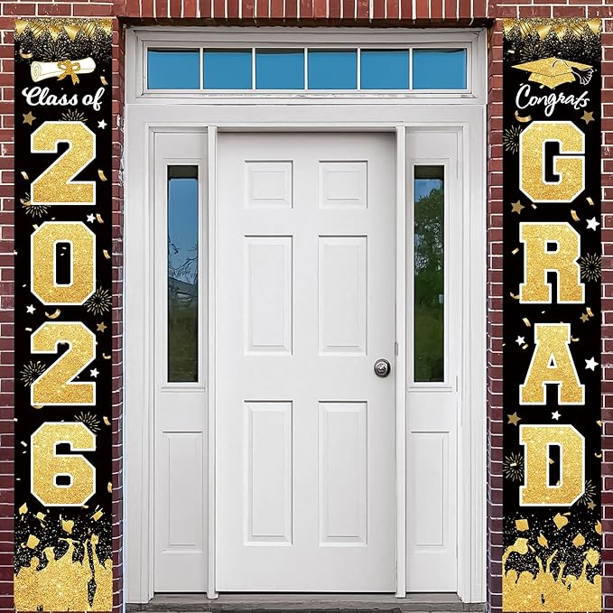 2026 Graduation Party Decorations - Black Gold Class of 2026 Congrats Grad Porch Sign Banner Hanging Flag Graduation Party Supplies for School College Classroom Decor