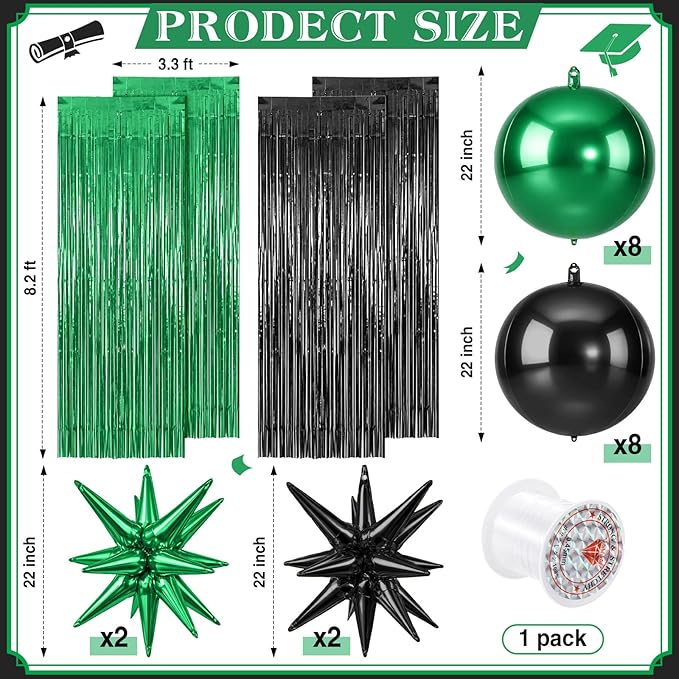 Seenelling 25 Pcs Green and Black Graduation Party Decorations 2026 Sets 22 Inch 4D Large Stars Balloons with Metallic Tinsel Foil Fringe Backdrop Curtains for Birthday Anniversary Wedding Decor