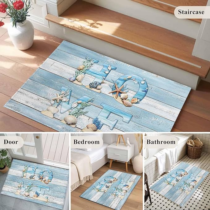 Area Rug 2x3ft, Summer Ocean Beach Shell Home Quote Washable Rugs for Living Room Bedroom, Farm Blue Wood Board Soft Non-Slip Area Rugs Rectangle Floor Carpet for Dining Room
