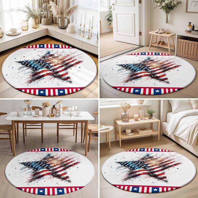 Washable Round Area Rug 4th of July Stars Stripes Abstract Flag Circle Rugs Floor Carpet for Living Room Bedroom, Patriotic Theme Soft Non Slip Round Rug 3ft
