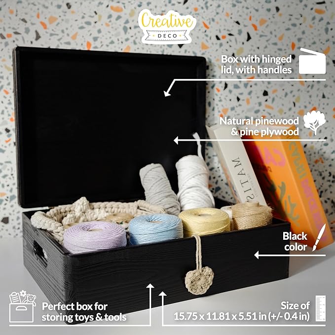 Creative Deco XL Black Wooden Box Storage with Hinged Lid | 15.8x11.8x5.5in (+-0.5) | Keepsake with Handles | Gift Box for Tool Dog Toy Kitchen Storage | Wood Chest Trunk