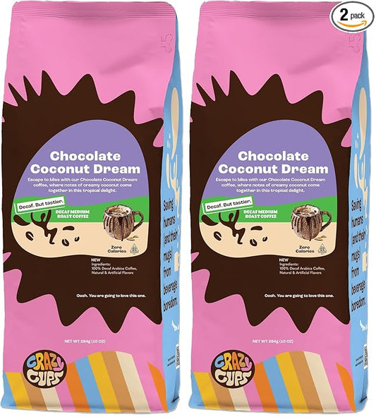 Crazy Cups Decaf Flavored Chocolate Ground Coffee, Decaffeinated Chocolate Coconut Dream Coffee in 10 oz Bag, For Brewing Hot or Iced (Pack of 2)