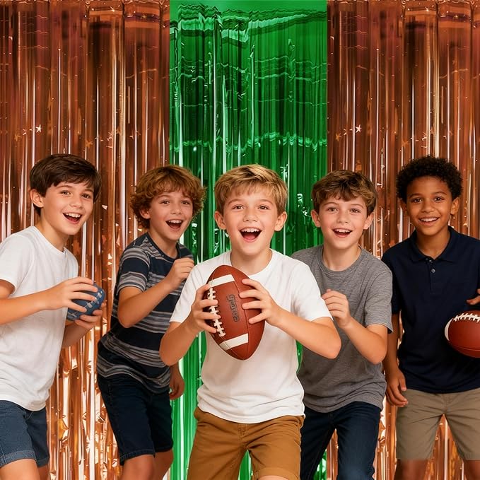 Football Party Decorations for Super Game Bowl 2026 - Green Brown Tinsel Streamers Backdrop Banner | Football Party Favors Supplies Indoor Outdoor - Game Day Birthday Party Accessories for Wall Door