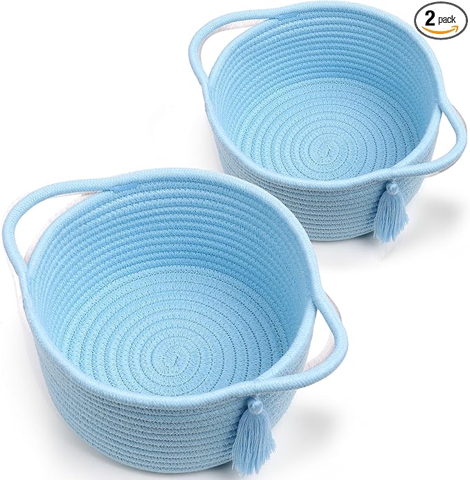 Small Gift Baskets Empty to Fill, Little Cute Soft Woven Rope Bin, Mini Basket for Teen Girl Gifting, Desk Makeup, Pre-Shaped with Gifting Bags Ribbon, Set of 2, Light Blue