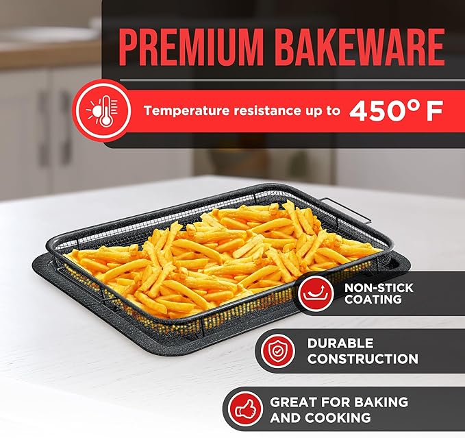 Bakken- Swiss Crisper Tray Gray marble Coating - 2-Piece Set, Non-Stick Basket Design for Healthier Cooking in Regular Ovens - Make Great Crispy Food, Bacon and More, Extra Large Size 19" x 13"