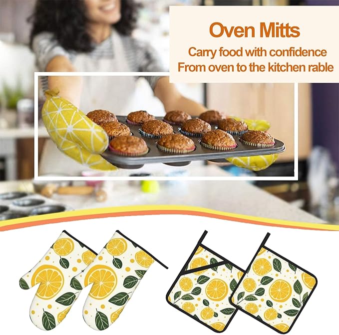 Yellow Lemon Oven Mitts and Heat Resistant Pads - Heat Resistant Gloves Potholder Set of 4 for Cooking, BBQ, Gifts for Women