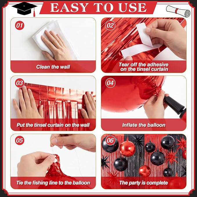 Seenelling 25 Pcs Red and Black Graduation Party Decorations 2026 Sets 22 Inch 4d Large Stars Balloons with Metallic Tinsel Foil Fringe Backdrop Curtains for Birthday Anniversary Wedding Decor