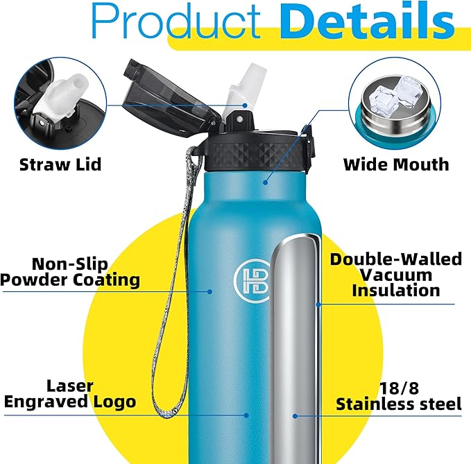 Han's Bottle Sports Water Bottle - 32 Oz, Straw Lid, Leak Proof, Vacuum Insulated Stainless Steel, Double Walled, Thermo Mug,Ocean