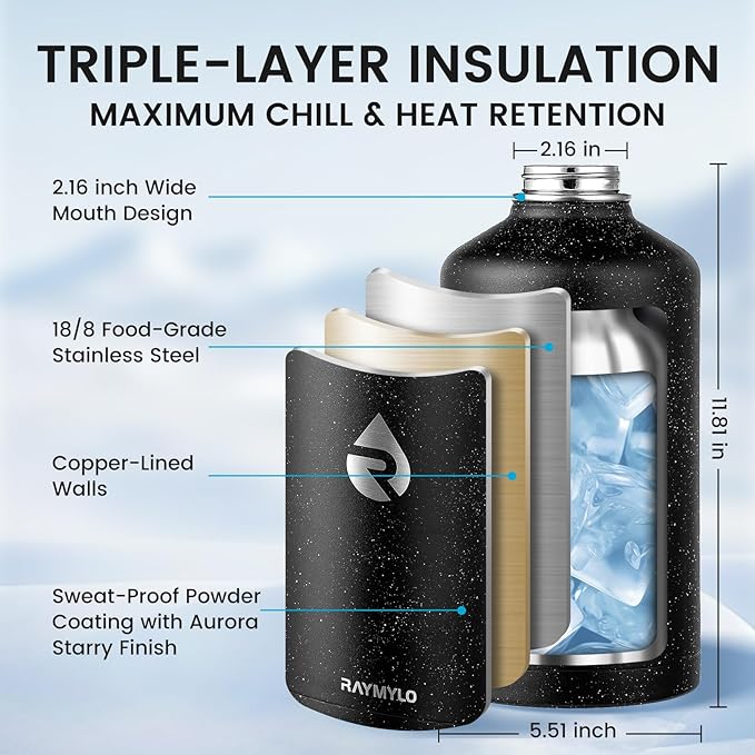 RAYMYLO 128oz Insulated Water Bottle, Triple Wall Vacuum Stainless Steel Water Bottles - Keeps Cold 48H, Reusable One Gallon Flask Jug for Gym, Sports, Camping, Hiking,Travel, Starry Sky-Black