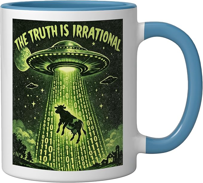 UFO The Truth Is Irrational Cow Abduction 3.14 Math Pi Day Ceramic Mug, Blue/White