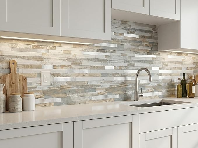Yipscazo 10 Sheets Peel and Stick Stone Metal Tile Backsplash, Stick on Tiles for Backsplash Kitchen, Bathroom, Laundry Room, Camper, Fireplace (12'' X 12'', White Wood with Metal)