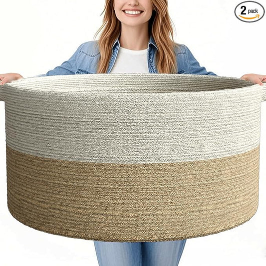 125L Extra Large Blanket Basket, 25" x 16", Jumbo Laundry Woven Baskets Decorative Home, Cotton Rope Basket with Handles, Baby Toy Baskets for Storage, White & Brown,2PC