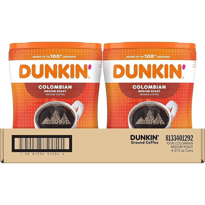 Dunkin' 100% Colombian Medium Roast Ground Coffee, 27.5 Ounce (Pack of 4)
