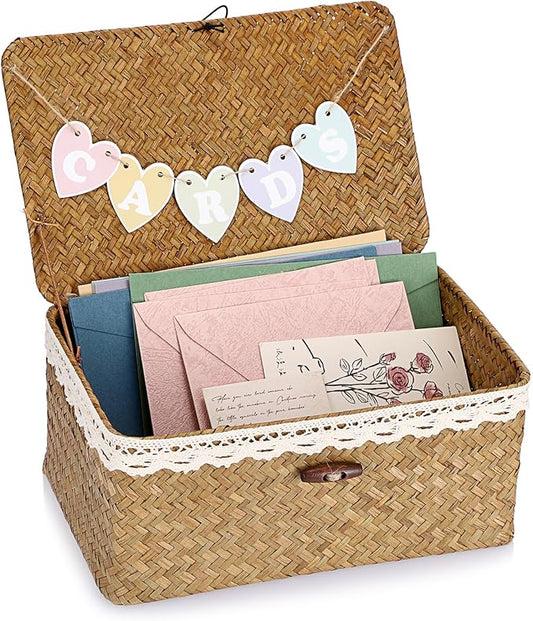 Hipiwe Wedding Card Basket Box Handwoven Seagrass Basket Bin with Letter Flag Wedding Favors Post Box Reception Card Holder for Party, Birthday, Graduation, Baby & Bridal Shower