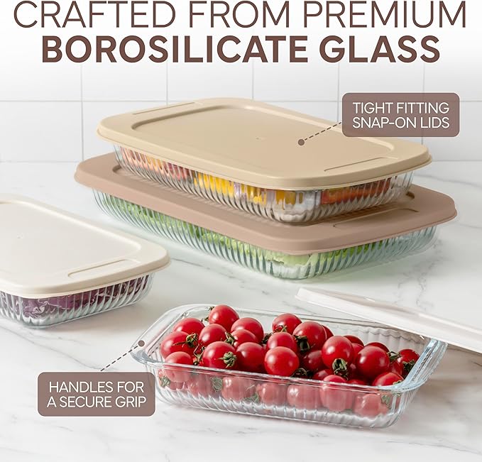 COOK WITH COLOR 8-Piece Deep Glass Baking Dish Set with Plastic Lids – Casserole and Food Storage Containers for Lasagna, Leftovers – Freezer-to-Oven, Microwave & Dishwasher Safe, Brown