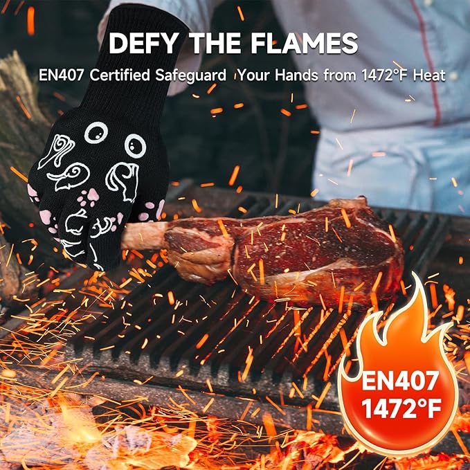 BBQ Gloves - 1472℉ Heat Resistant Grilling Cooking Oven Gloves with Fingers, 1 Pair Cat