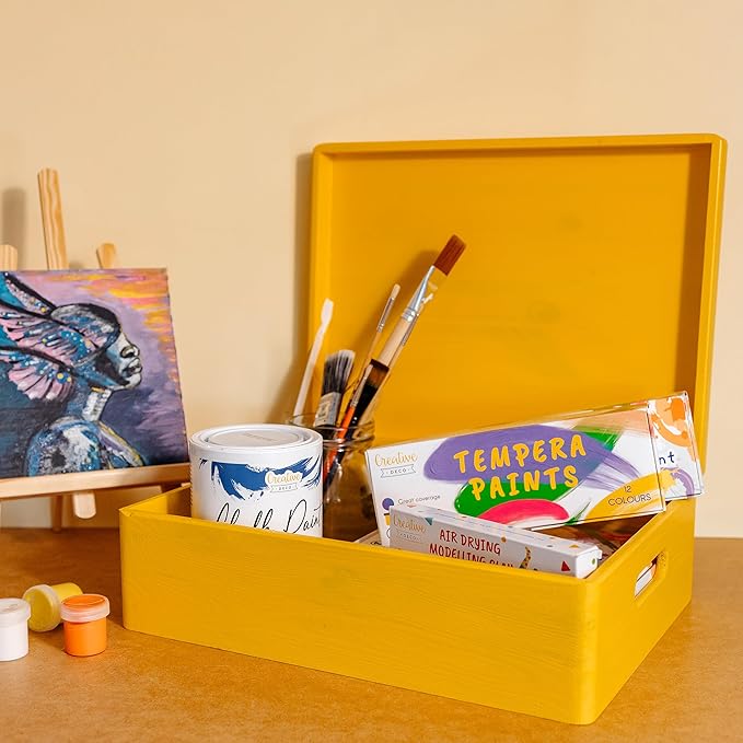 Creative Deco XL Yellow Wooden Box Storage with Hinged Lid | 15.8x11.8x5.5in (+-0.5) | Keepsake with Handles | Gift Box for Tool Dog Toy Kitchen Storage | Wood Chest Trunk