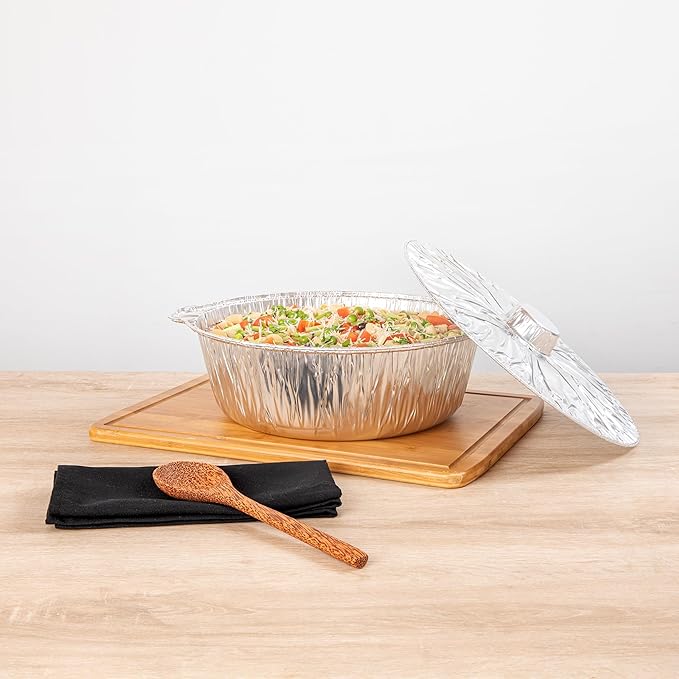 Foil Lux 8.5 Quart Pans And Lids, 10 Disposable Pots With Lids - Oven-Ready, Stove Compatible, Aluminum Foil Baking Pans, Freezable, For Outdoor Camping, Vacation, Picnic, And More - Restaurantware