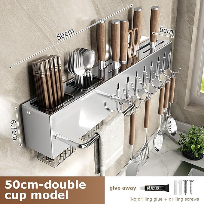 Wall Hanger Rail – Adhesive Mount, Kitchen Strip | Metal Track Support, Drilling-Free Fixture, 10-Hook Layout for Compact Organization Projects, Apartment Arrangement, Dorm Pantry Renovation, Morning
