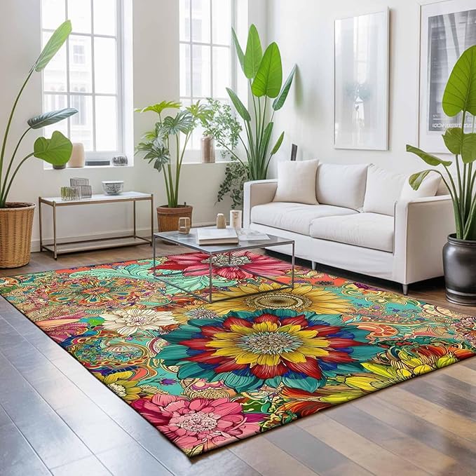 Area Rug 3x5ft, Boho Colorful Blossom Flower Washable Rugs for Living Room Bedroom, Country Retro Ethnic Floral Soft Non-Slip Area Rugs Rectangle Floor Carpet for Dining Room