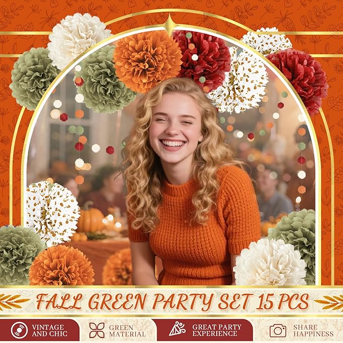 NICROLANDEE Fall Wedding Decorations - 15 PCS Pumpkin Orange Sage Green Ivory Tissue Pom Poms Decor, Dots Paper Garland for Thanksgiving, Baby Shower, Autumn Harvest Party Supplies