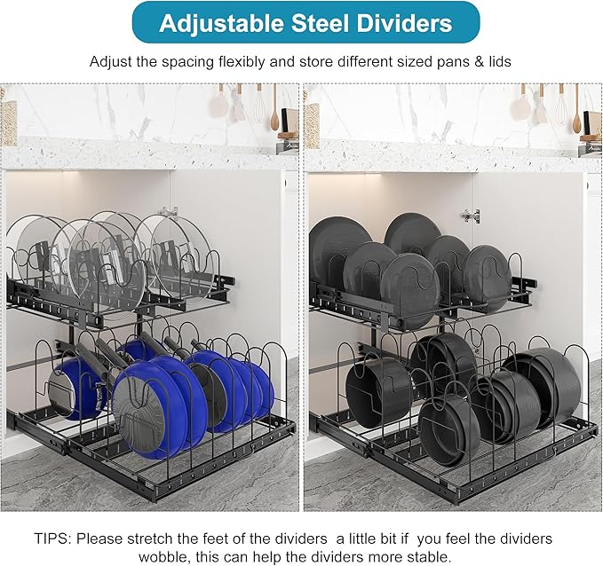 TQVAI Pots and Pans Organizer, Full-Extension Pull Out Cabinet Organizer, Slide Out Drawers for Kitchen Cabinets with Adjustable Dividers, Request at Least 23.5" W x 23.5" D x 23.5" H OpeningBlack