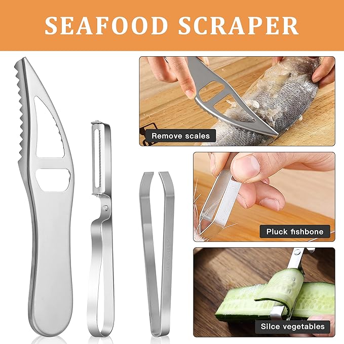 7 Pieces Fish Scaler Brush Remover with Gray Mitten, Stainless Steel Sawtooth Remover Removing Peeler Cleaning Tool Fish Shape Tweezers for Fish Scales Removing Peeling