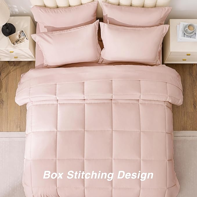 Love's cabin King Size Comforter Set Blush Pink, 7 Pieces King Bed in a Bag, All Season Bedding Sets with 1 Comforter, 1 Flat Sheet, 1 Fitted Sheet, 2 Pillowcase and 2 Pillow Sham | Soft, Breathable, Lightweight, Comfortable
