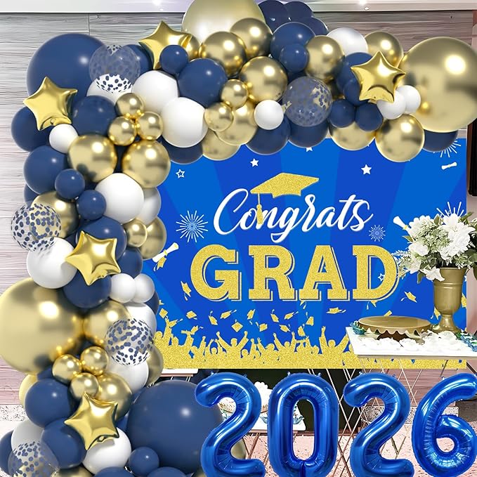 Graduation Decorations Class of 2026: Blue and Gold Graduation Balloons Arch Kit 2026 Grad Party Decorartion with Congrats Grad Backdrop Party Supplies for High School & College Celebrations