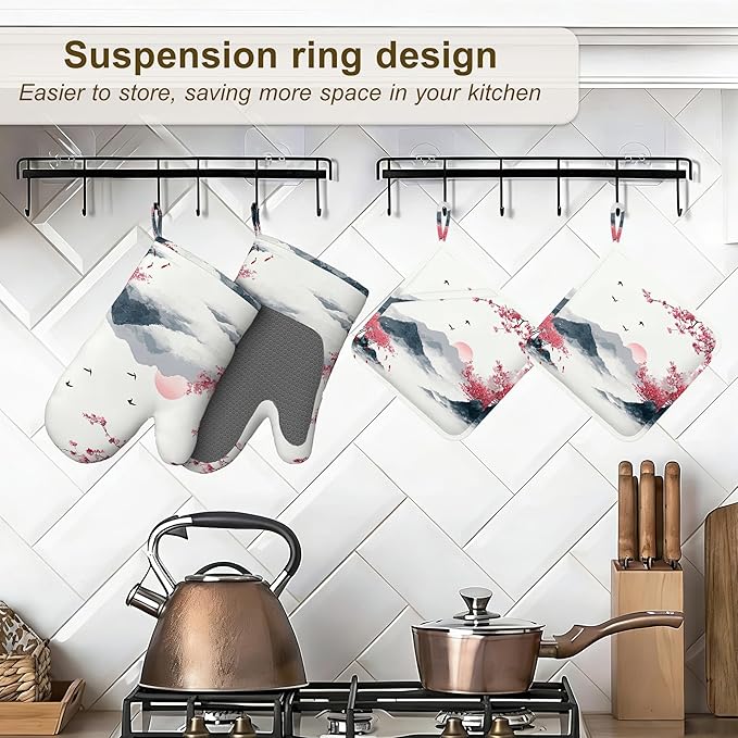 Japanese Cherry Blossom Oven Mitts and Pot Holders Sets,Silicone Fujiyama Mountain Kitchen Mitts Potholders Heat Resistant 4Pcs Oven Gloves Hot Pads for Kitchen Baking Cooking