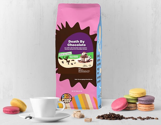 Crazy Cups Flavored Ground Decaf Chocolate Coffee, Decaffeinated Death By Chocolate Coffee in 10 oz Bag, For Brewing Flavored Hot or Iced (Pack of 1)
