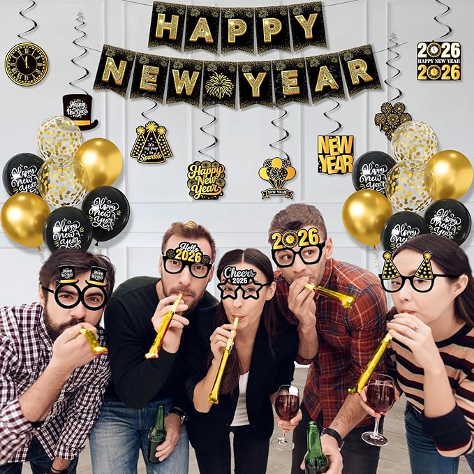 New Years Eve Party Supplies 2026, Black and Gold Happy New Year Decorations with Pre-Assembled Banner, Hanging Swirls, Balloons, Photo Booth Props and Glasses, NYE Party Decor for Home Countdown