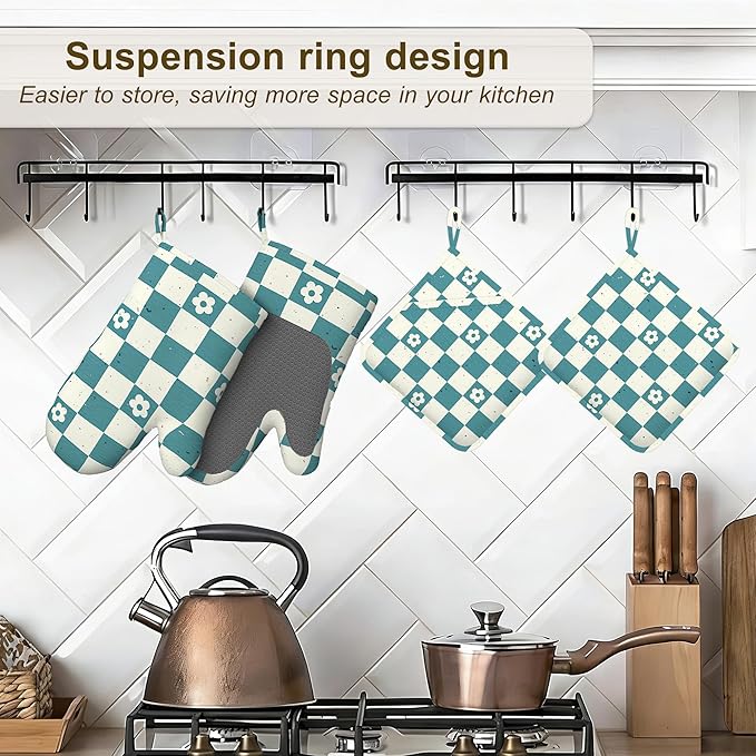 Vintage Groovy Checkered Oven Mitts and Pot Holders Sets of 4, Heat Resistant Flower Silicone Oven Mitts Gloves Non-Slip Kitchen Mittens Potholders for Cooking Baking Grilling BBQ