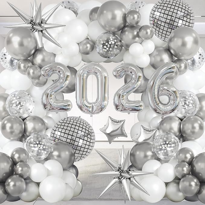 2026 New Year Balloons Disco Party Balloon Garland Arch Kit Metallic Silver White Balloons New Years Eve Decorations 2026 Foil Balloon for New Year Party Decorations