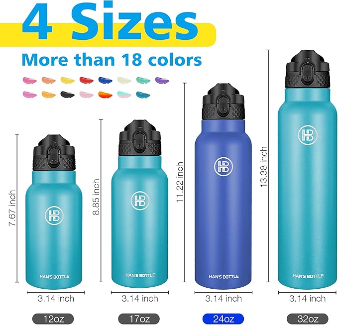 Han's Bottle Sports Water Bottle - 24 Oz, Straw Lid, Leak Proof, Vacuum Insulated Stainless Steel, Double Walled, Thermo Mug,Navy Blue