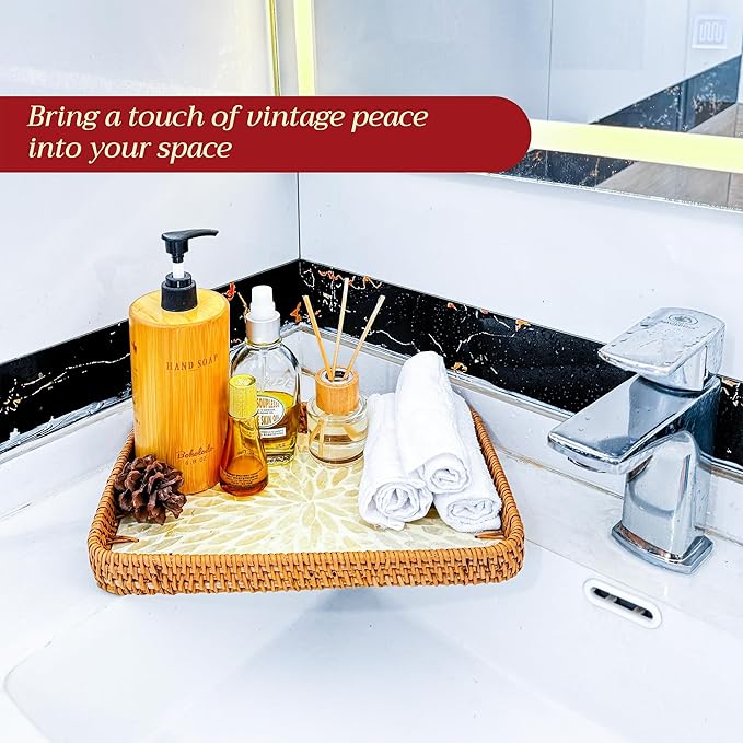 Rattan Rectangle Tray with Mother of Pearl Inlay – Unique Decorative Rattan Serving Tray for Coffee Table, Bathroom Vanity, Perfume & Nightstand – Ideals for Housewarming (White 11.8")