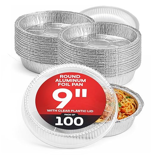 IDL Packaging 9" Round Aluminum Foil Pans with Dome Lids (Pack of 100) - Disposable Aluminum Container with Clear Plastic Lids - Great for Baking, Cooking, Serving
