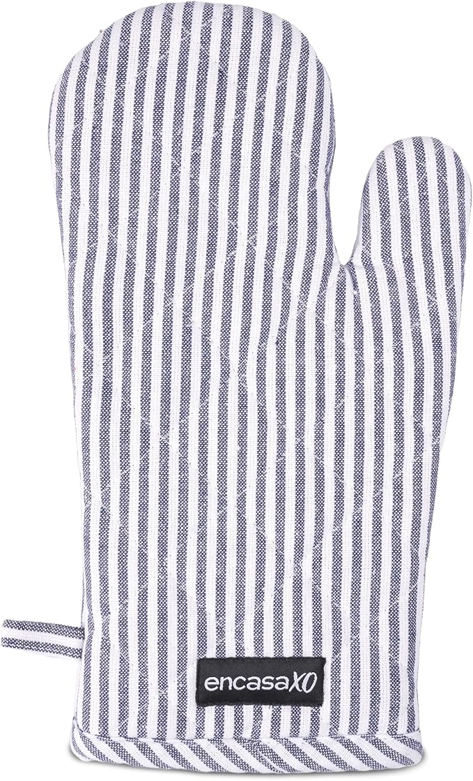Encasa XO Long 12"x7" Oven Microwave Hand Gloves Mitts (2 pc Set) for Kitchen Cooking & Baking - Heat Resistant, Thick & Safe, Protection of Hands from Hot Utensils - Ticking Navy Blue
