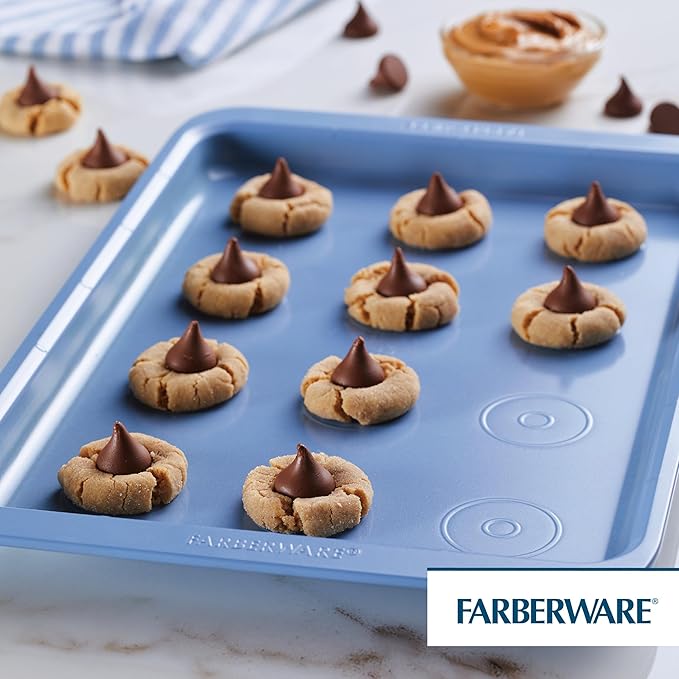 Farberware Easy Solutions Nonstick Bakeware Cookie Pan/Baking Sheet with Drop Zones and Portion Marks, 10 Inch x 15 Inch - Blue