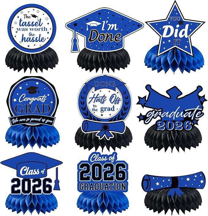 Graduation Decorations 2026 - Blue Graduation Honeycomb for Table Centerpiece | Graduation Party Decorations Class of 2026,Table Toppers for Graduation Party Favors Supplies Indoor Outdoor