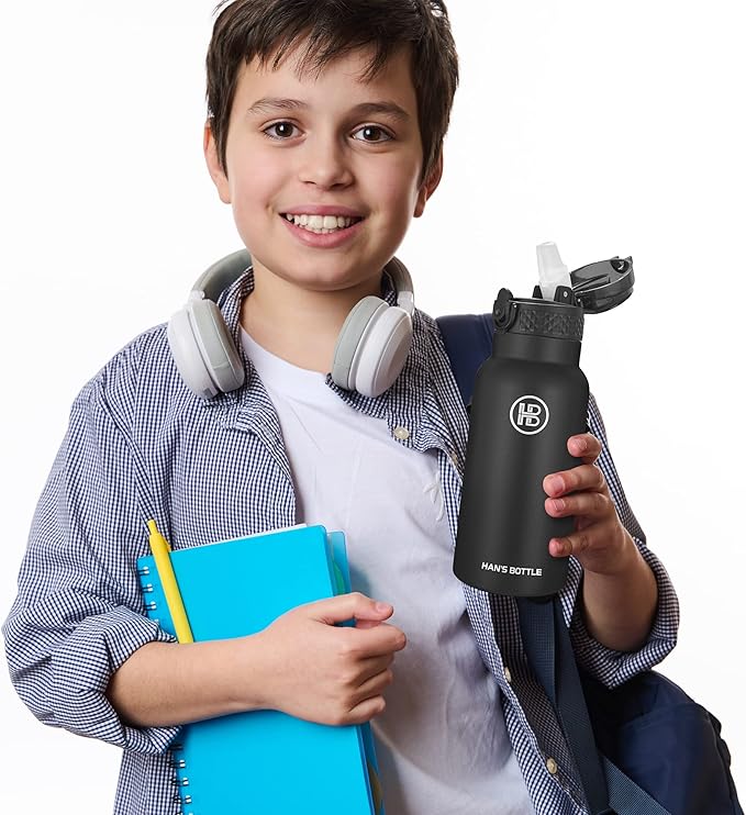 Han's Bottle Kids Water Bottle with Straw Lid - Insulated Stainless Steel Reusable Tumbler for Girls,Boys,Thermo Mug,17oz,Black