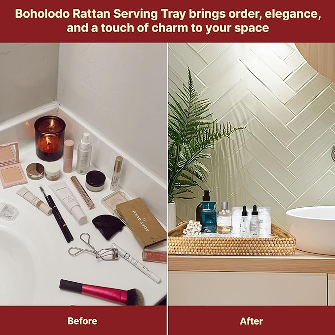 Rattan Rectangle Tray with Mother of Pearl Inlay, Unique Decorative and Serving Tray for Outdoor,Bathroom, Kitchen, Vanity, Perfume, or Coffee Table (Combo White 13"&11.8")